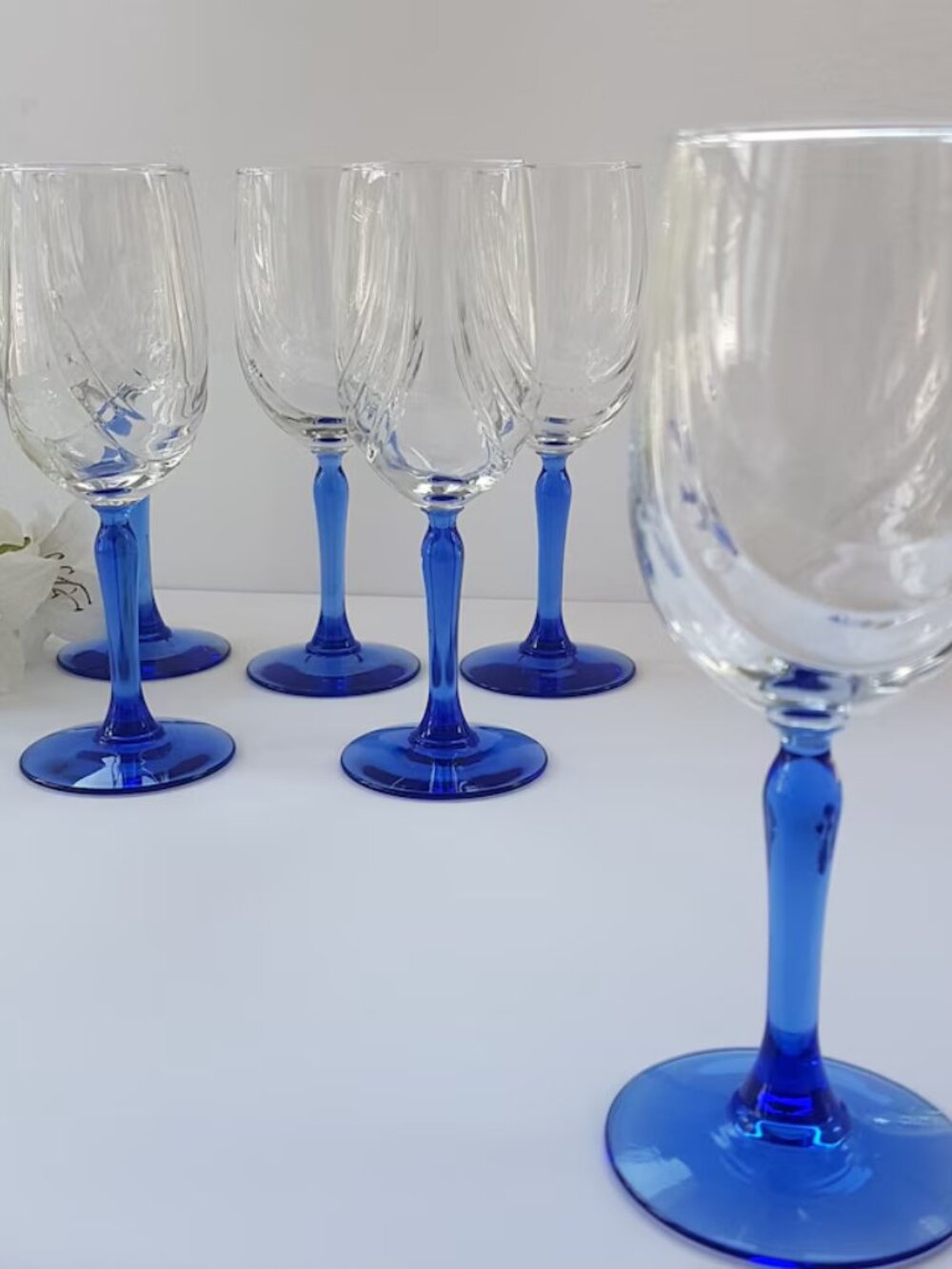 Set of 2 Lenox Crystal Swag Cobalt Blue Stem Wine Glasses 8" 10 oz